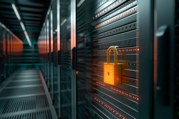 Server racks with padlock overlay, indicating server security.