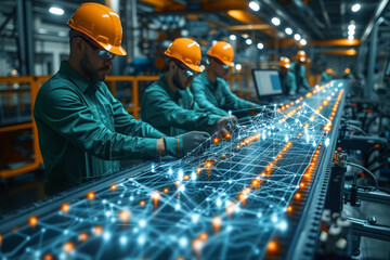 Quality control and global supply networks with Create an illustration of workers ensuring quality control within a global supply network, with detailed inspection tools, diverse team members, and