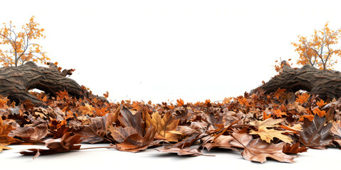 visualization of an oak forest floor in autumn, rich textures of fallen leaves and tree trunks.