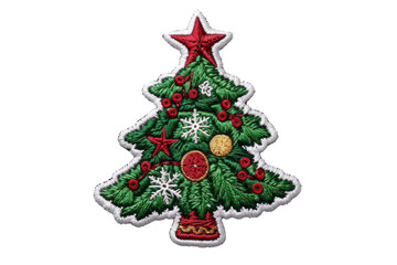 Embroidered Christmas tree patch with vibrant decorations, perfect for holiday crafting, DIY projects, and festive attire.