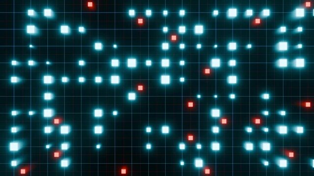 Wire frame with red and blue squares, changing positions, digital connections, illuminated. witching lights. Control panel, technology, switch board, node tree, interface.