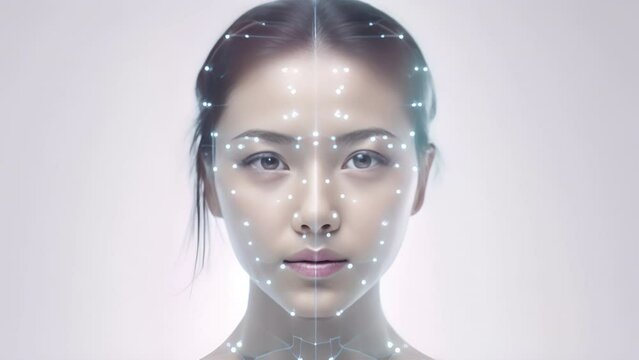 Asian lady getting face scanning on white background,