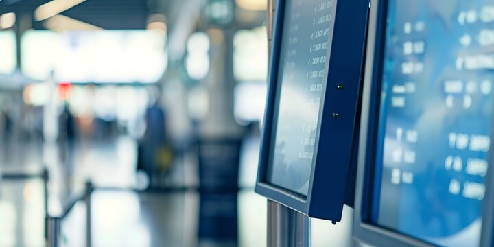 Close-up of flight information monitor at gate, sharp focus, deserted, bright day light 