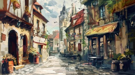 Fototapeta premium Oil painting style illustration of a street in an european vintage town