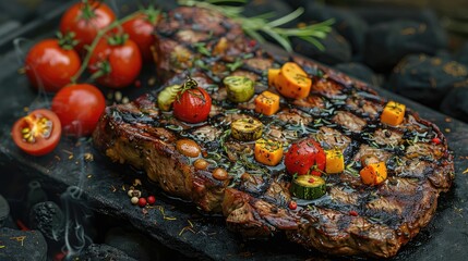 Steak with vegetables is fried on coals on a black concept of eid ul azha in background 