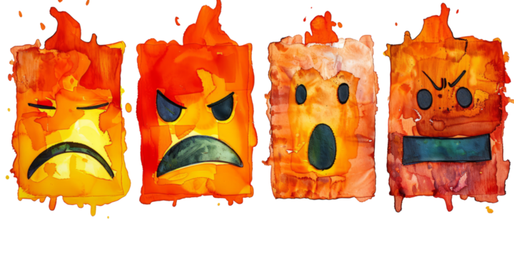 a series of emotional symbols, burnt holes to represent feelings such as joy, sadness or hope, on a piece of paper.