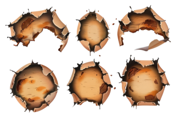 Set of different burnt paper holes with singed edges, isolated on a white background.