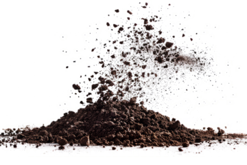 Power of nature flying and scattered soil dirt in the air, isolated on a white background.