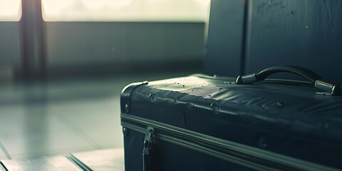Close-up of a single suitcase at an airport lounge, detailed texture, soft overhead light 