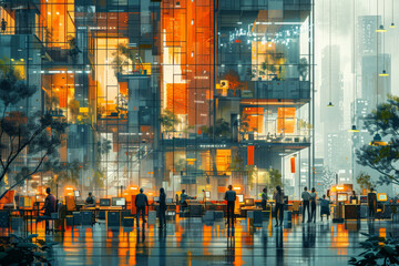 Multicultural workplace and language barriers with Create an illustration of a multicultural workplace overcoming language barriers, with translation tools, diverse team members, and collaborative