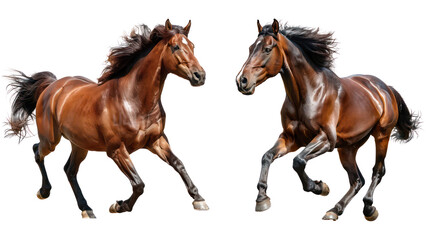 Obraz premium Set of Powerful Brown Horse Stallion Running with Flowing Mane, Isolated on Transparent Background