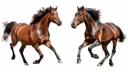 Set of Powerful Brown Horse Stallion Running with Flowing Mane, Isolated on Transparent Background