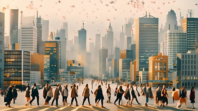 City street, people crowd. Pedestrians walking, citizens with bicycles, dog, smartphone outdoors. Many active men, women, kids characters outside. Busy urban lifestyle. Flat vector illustration