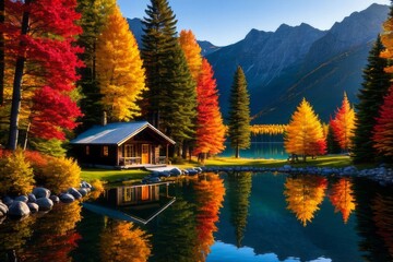 Fototapeta premium Retreat to a serene lakeside cabin among the autumn trees. A picturesque autumn landscape.