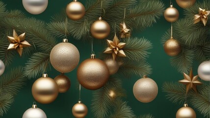 Green snow drifts and snowflakes greeting card. Different sweets and Christmas balls and snowflakes hanging toys. Vector illustration. Banner template, greeting card for Christmas or New Year