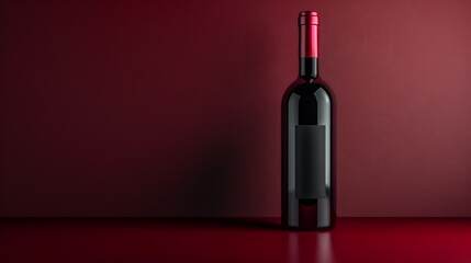 Close up of a blank black label on a bottle of red wine, on a red background