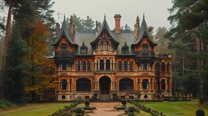 Fototapeta premium Gothic frame mansion in pine forest