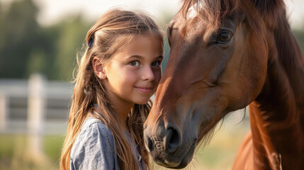 Fototapeta premium Young girl standing next to a horse in the field