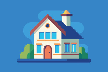 Fototapeta premium A two-story house with a prominent chimney and a window in the attic. There are green bushes growing on either side. The background is simple