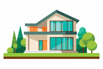  Two-story home with a colorful glass window facade on the upper level and an adjoining garage. It is surrounded by lush greenery, including trees and shrubs, and has a manicured lawn.