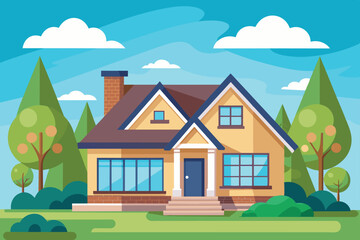  Two-story home with a colorful glass window facade on the upper level and an adjoining garage. It is surrounded by lush greenery, including trees and shrubs, and has a manicured lawn.