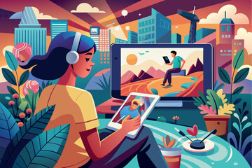 A girl sitting at a table working on a computer with an open graphic design program. The computer screen displays a bright floral pattern. Various objects are arranged around the person.