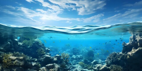 Fototapeta premium Captivating Oceanic Panorama with Split View of Sky and Underwater. Concept Underwater Portraits, Split View Photography, Oceanic Panorama, Sky and Sea Composition, Captivating Landscapes