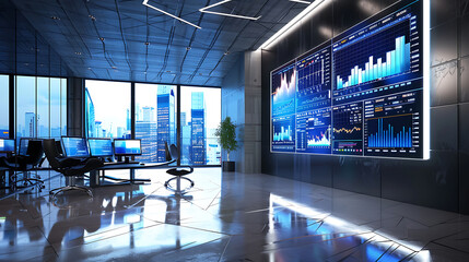 Modern financial office with large screens displaying stock market data and financial graphs. Generative AI illustration 