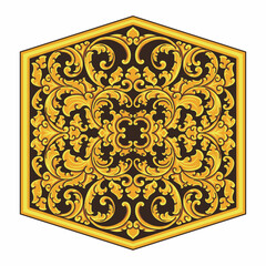 Isolated ornamental design. Ornamental elements for your designs. Black and gold colors. Floral carving decoration for postcards, invitations, social media or wedding.