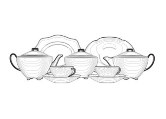Contour illustration tea set. Teapot, milk jug, sugar bowl and cups and saucers. Black outline. Coloring page.