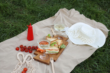 summer picnic in nature. on the grass on the mat there is a tray with sandwiches, next to glasses with a drink, peeled carrots and tomatoes