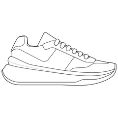 Black and white contour vector illustration of shoes. sneakers, unisex, outline sneakers. vector line.
