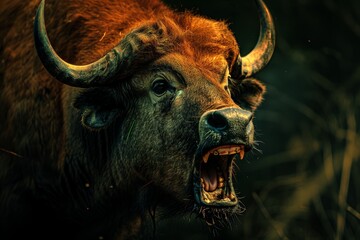 Mystic portrait of Gaur, copy space on right side, Anger, Menacing, Headshot, Close-up View Isolated on black background