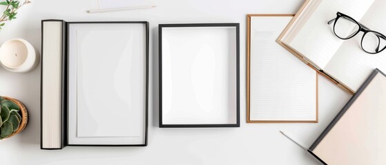 Picture frame, photo album, and scrapbook isolated on a white background. 