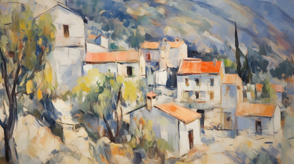 Impressionist art summer landscape of a hillside village