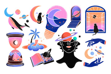 Gradient celestial png sticker set, boho & occult, transparent background