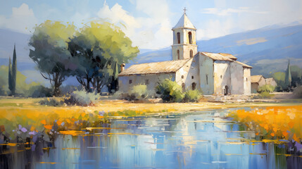 Obraz premium Impressionist art summer landscape with church and river