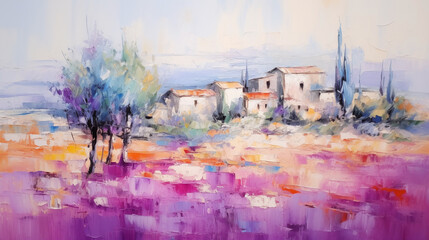 Obraz premium Impressionist art summer landscape with village and purple flowers