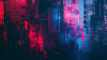 abstract digital glitch art background with red, blue and purple color palette