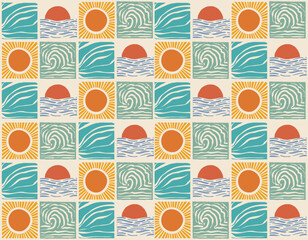 Retro Suumer beach sun sea seamless patterns. Surf club vacation and sunny summer day , Wave Sun set . Vector illustration