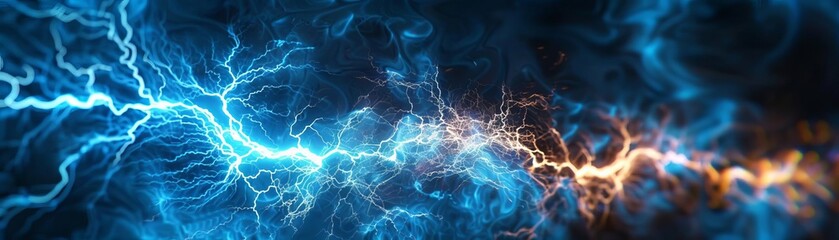 Obraz premium Blue and orange lightning strikes through a dark background.