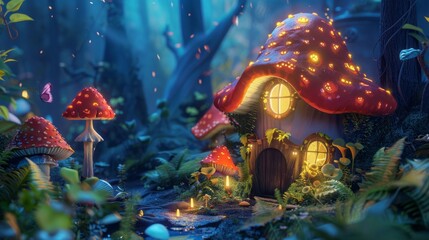 cartoon house in a mushroom in the forest.