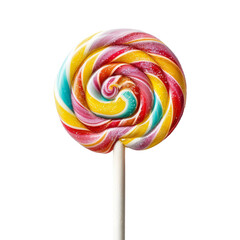 Colorful spiral lollipop with vibrant red, yellow, green, and pink swirls on a white stick, isolated on a white background.