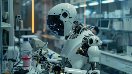 Robotics Engineer Fine-Tuning a Humanoid Robot in an Advanced Laboratory with Intricate Machinery and Cutting-Edge Technology