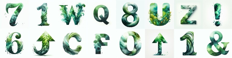 Green watercolor Lettering Typeface. AI generated illustration