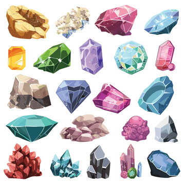 Collection different crystals gemstones, colorful minerals. Set various shapes colors, cartoon style gems. Precious stones game design, jewelry theme, fantasy treasure concept