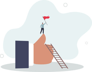 Fototapeta premium Success businessman climb up ladder of success to the top holding winning flag standing on thumb up .flat vector illustration.