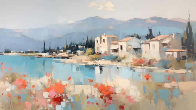 Impressionist art summer landscape with coastal village