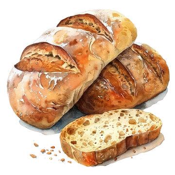Two artisanal loaves of freshly baked bread with a slice showing the texture, displayed on a table.