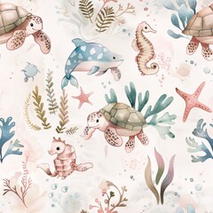 A delightful underwater pattern with adorable turtles, seahorses, and seaweed in a watercolor style. The illustration features soft, blended colors and a dreamy feel, creating a calming and